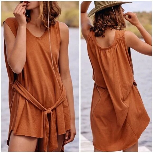 Free People Terracotta Burnt Orange Rust Breezy Tie-Front Tunic Dress - Picture 1 of 10